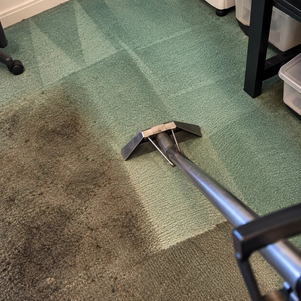 Alfombra verde mostrando la diferencia antes y después de la limpieza