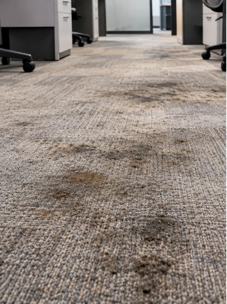 Alfombra de pasillo de oficina sucia antes de la limpieza